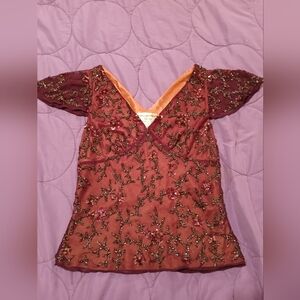 Elegant Burgundy Embroidered Evening Top